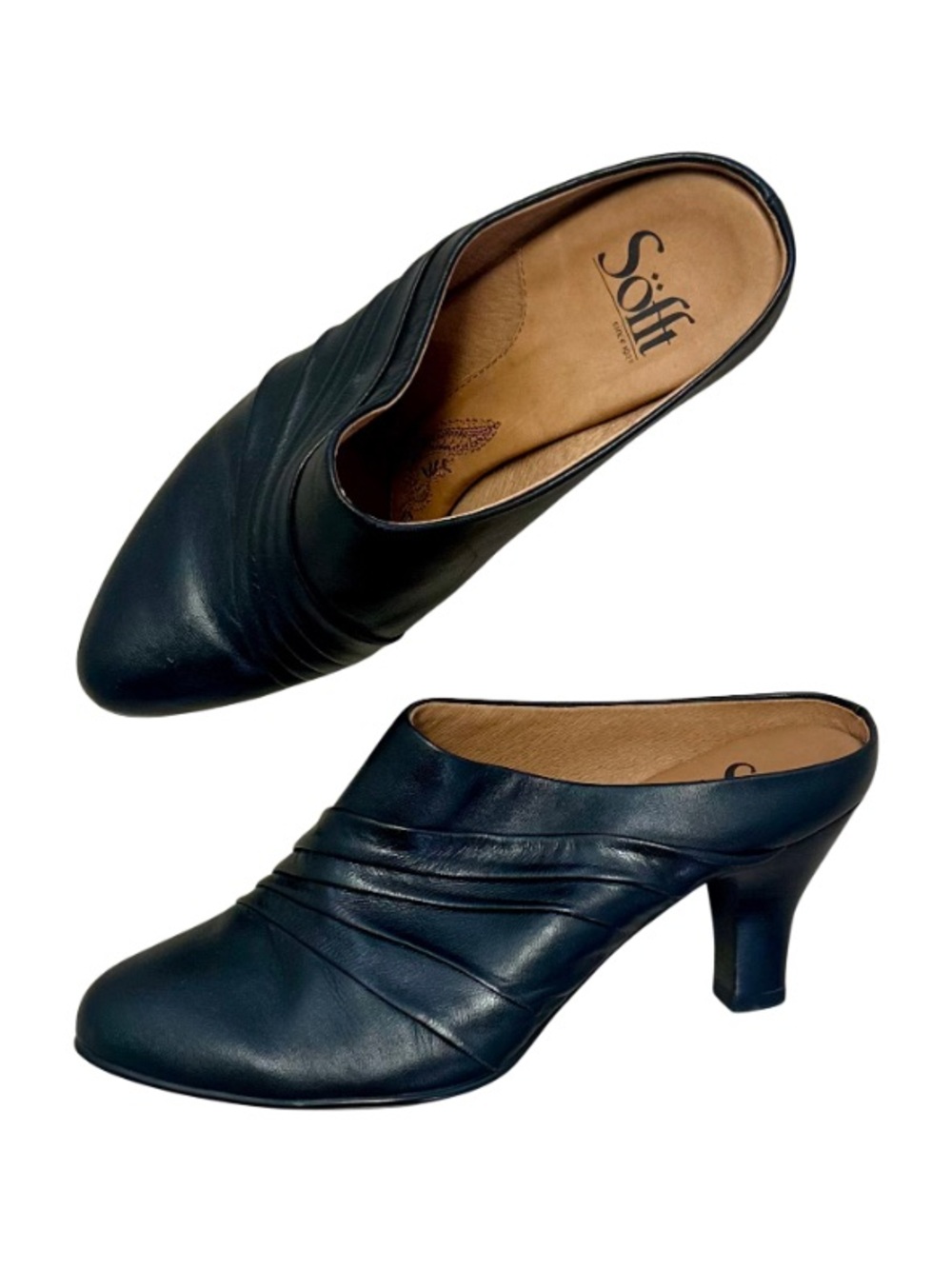 NEW - SOFFT Brand Women's Black Leather Slip-On Heeled Mules